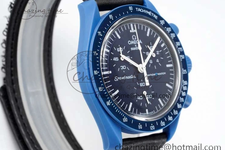 0211 ZipUp Speedmaster Misson To Neptune 1:1 Best Edition Blue Dial On Nylon Strap Quartz 7854